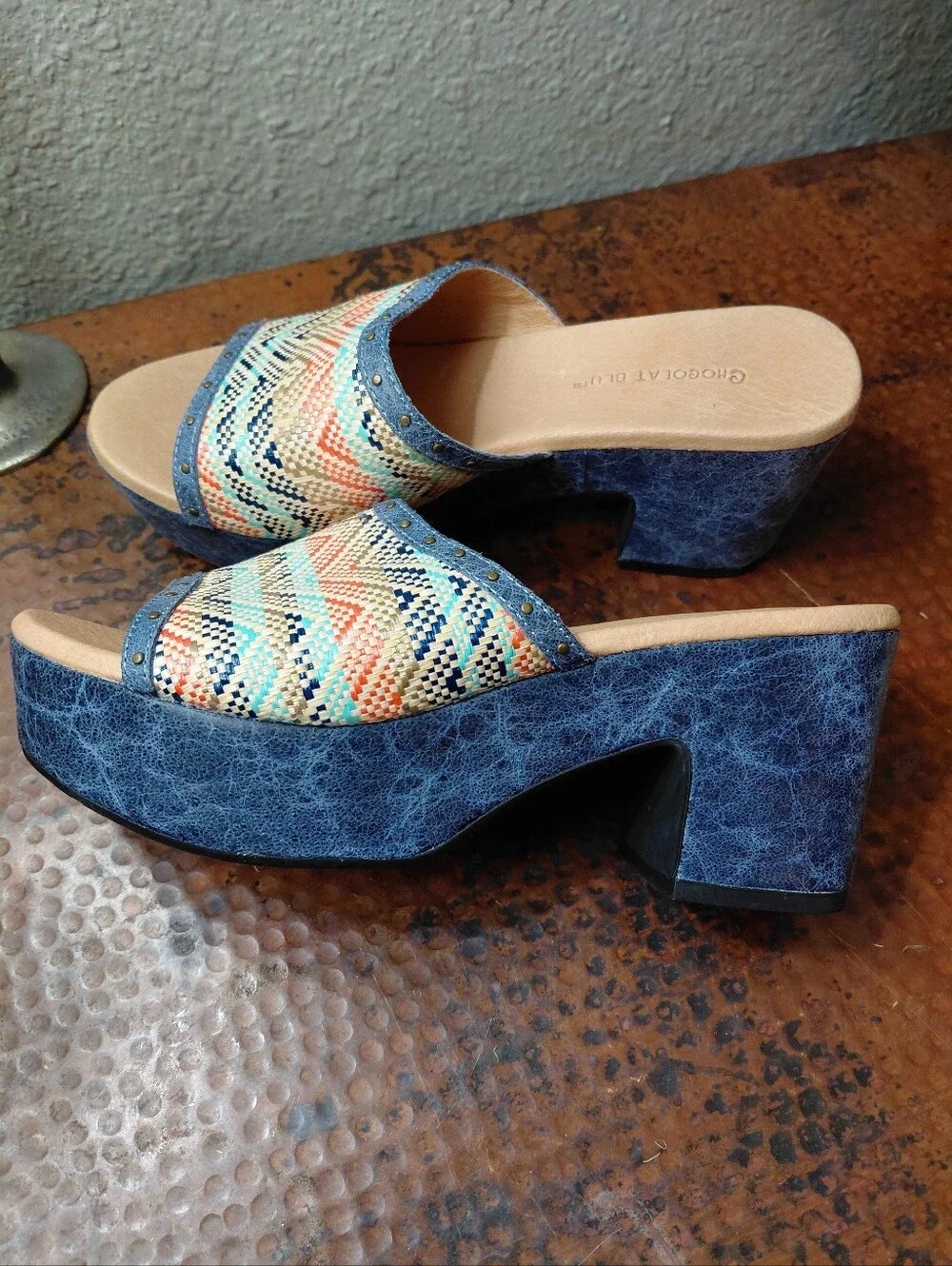 Chocolat Blu Sz. 7 Blue Combo Raffia Guro Platform Sandal